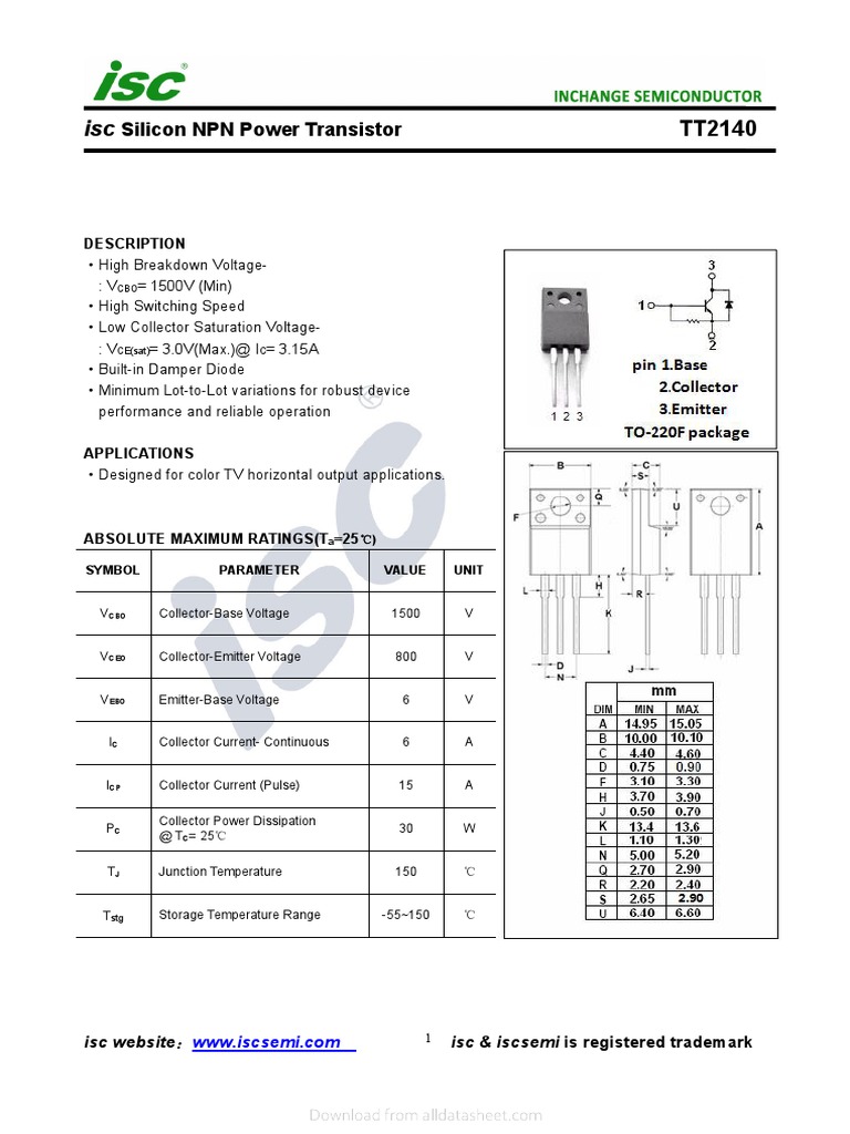 Silicon NPN Power Transistor: Description | PDF | Bipolar Junction ...