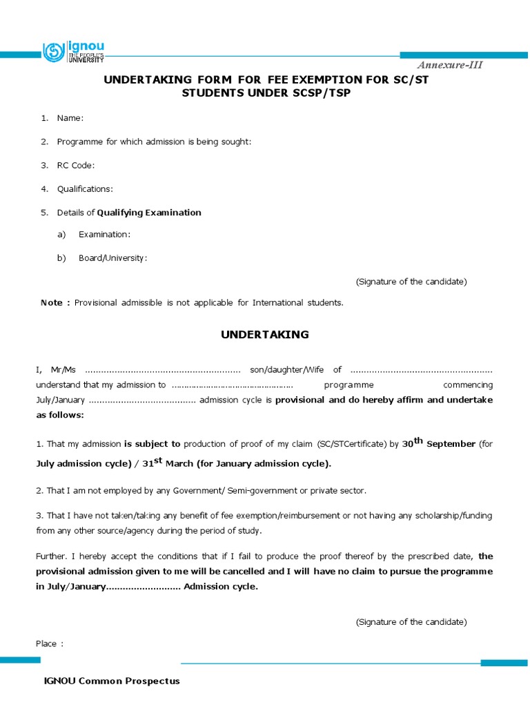 Undertaking Form For Fee Exemption For SC/ST Students Under SCSP/TSP | PDF