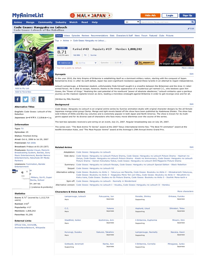 Code Geass: Hangyaku No Lelouch: Ranked #43 Popularity #17 Members ...