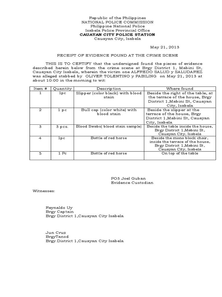 Tab E11 (4) Receipt of Evidence | PDF | Law Enforcement | Crime & Violence