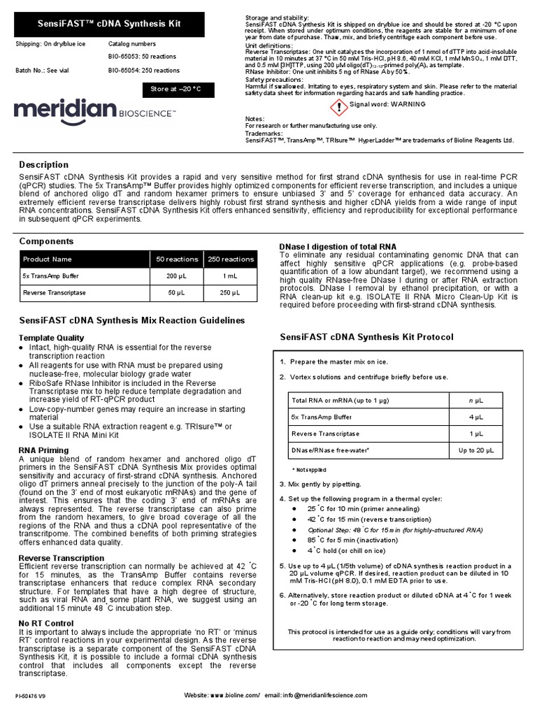 Pi50476 Sensifast Cdna Synthesis Kit v9 PDF Complementary Dna Real Time Polymerase Chain