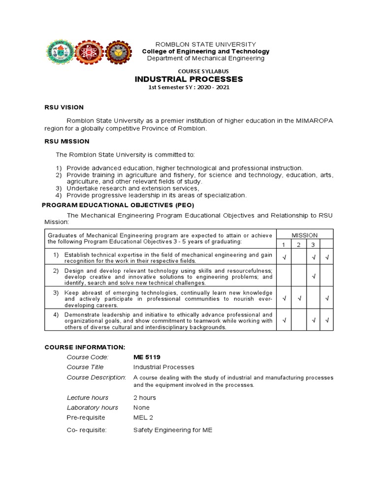 Industrial Processes Course Syllabus | PDF | Engineering | Test ...