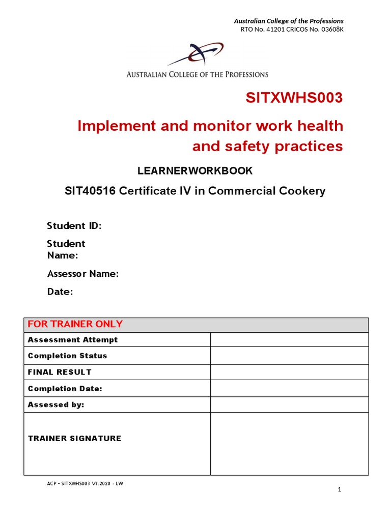 SITXWHS003 Student Learner Workbook-converted-Arra | PDF | Occupational ...