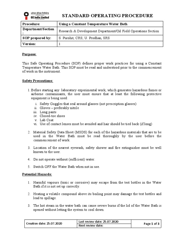 SOP For Constant Temperature Water Bath PDF Water Physical Sciences
