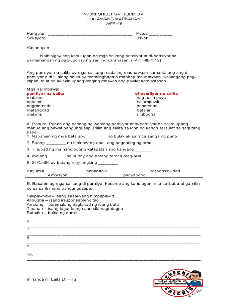 Worksheet Sa Filipino 5 Q2 | PDF