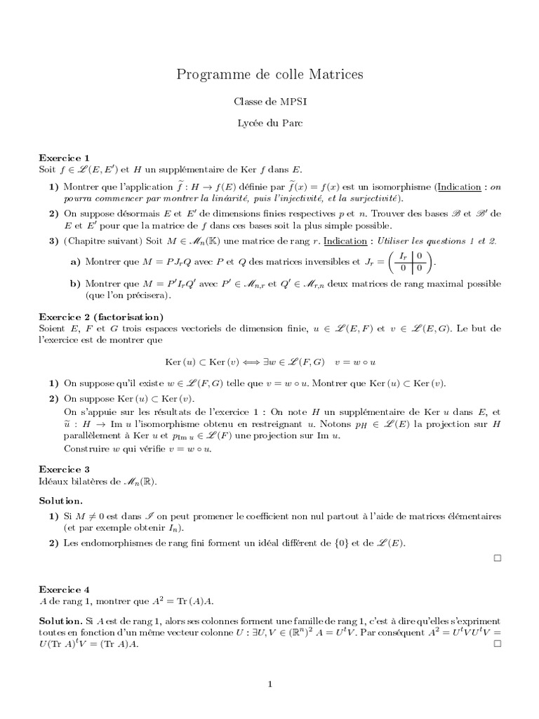 Feuille Colle S Mps I Matrices | PDF | Matrice (Mathématiques ...