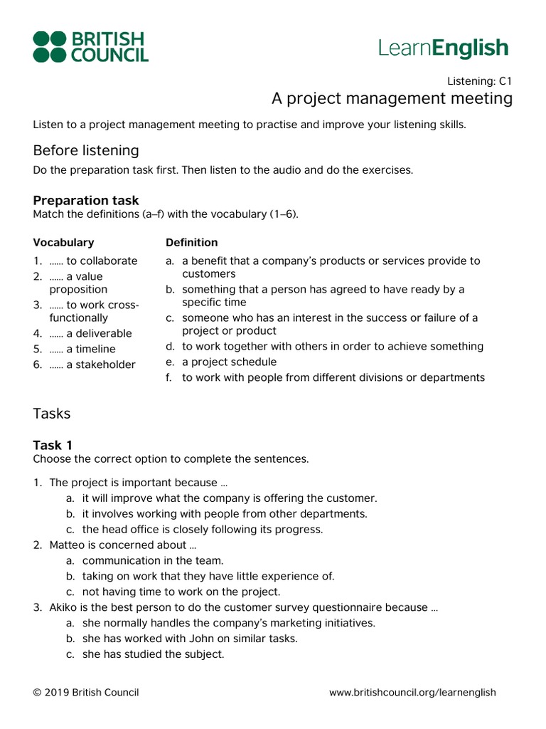 LearnEnglish Listening C1 A Project Management Meeting | PDF | Project ...