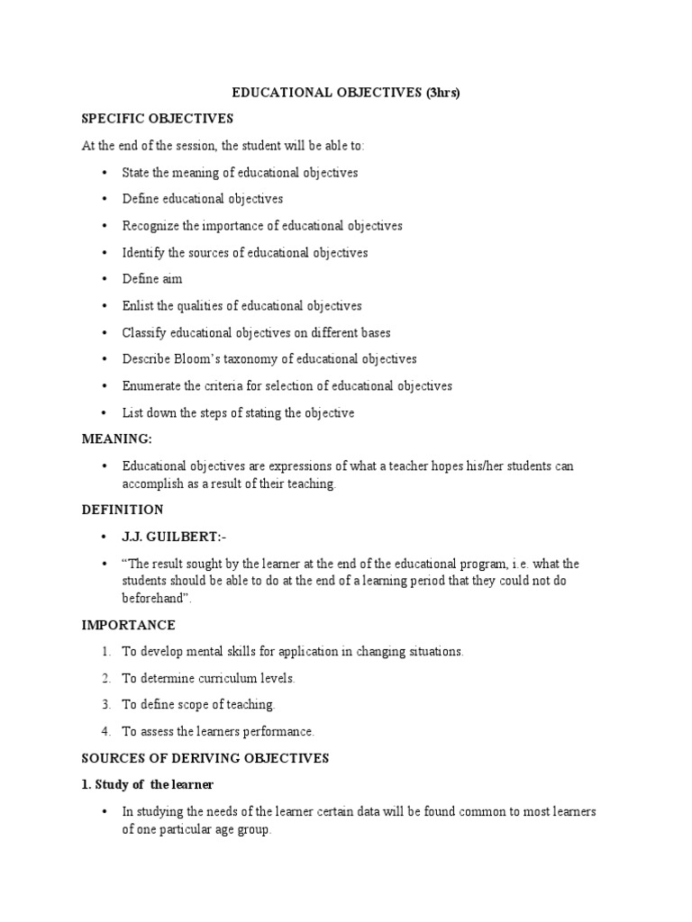 Educational Objectives (3Hrs) Specific Objectives PDF Learning