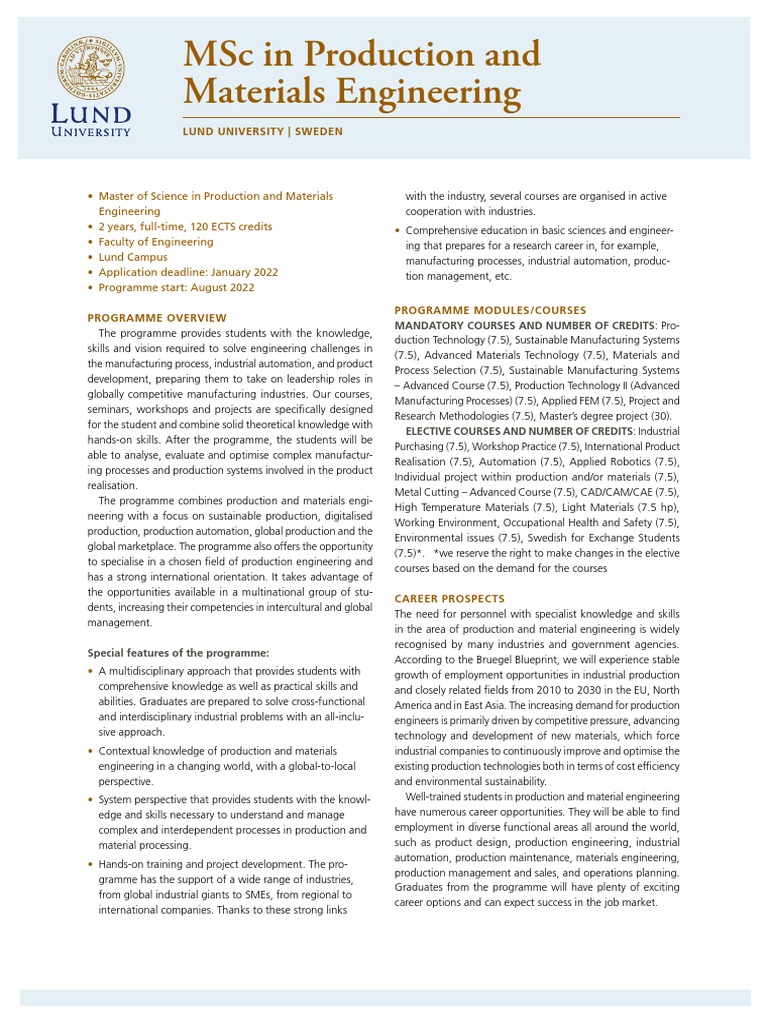Production and Materials Engineering Fact Sheet | PDF | Engineering ...