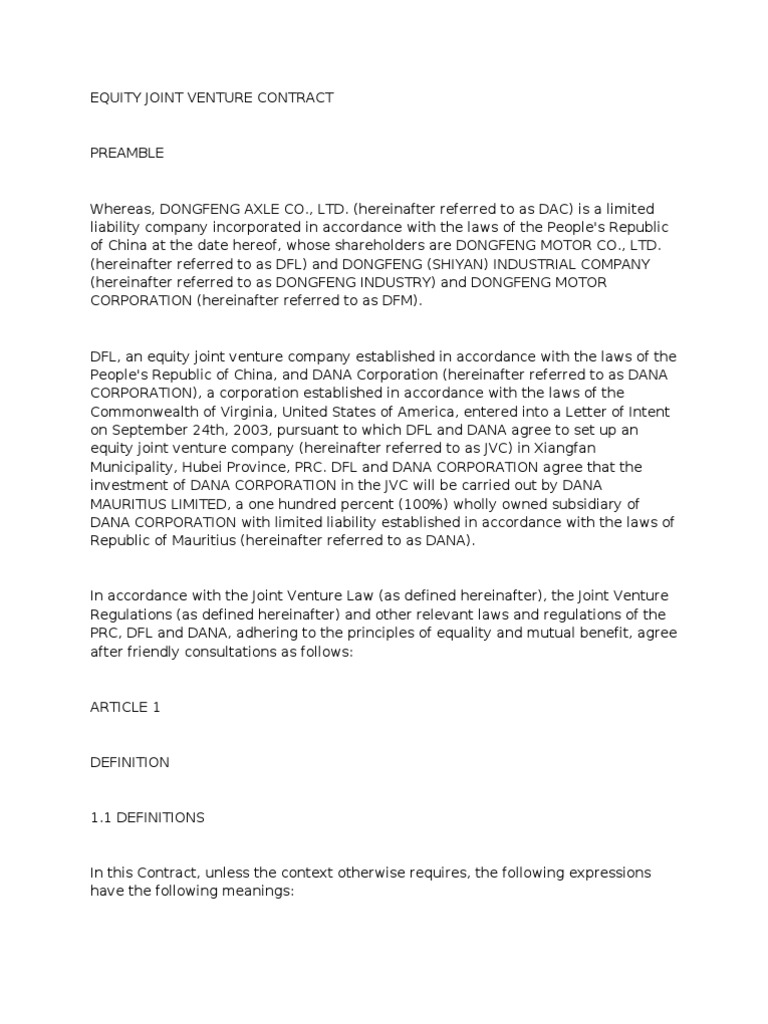 Equity Joint Venture Agreement Overview | PDF | Joint Venture | Loans