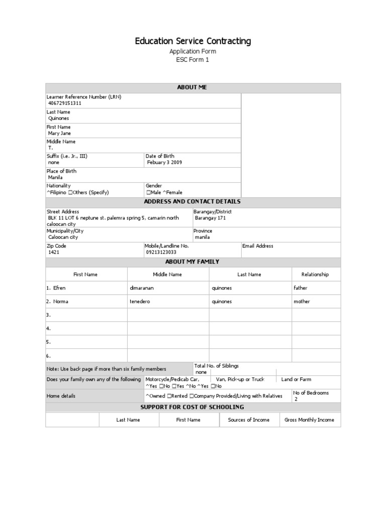 ESC Application Form for Mary Jane Quinones | PDF | Self Employment ...