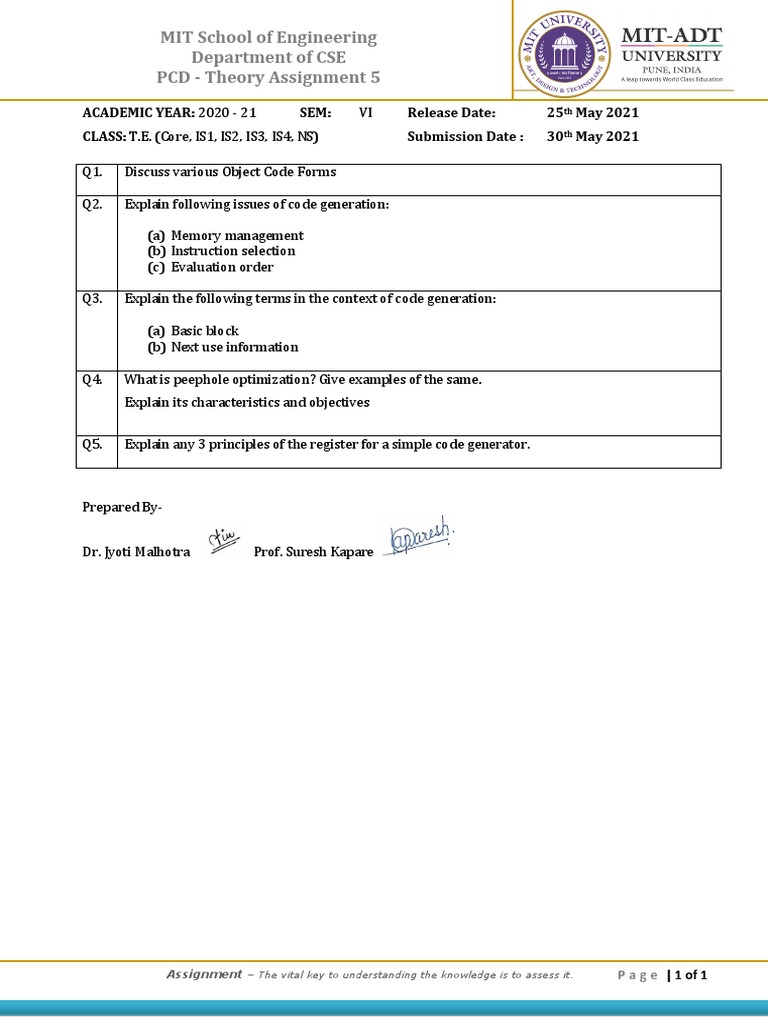 MIT School of Engineering Department of CSE PCD - Theory Assignment 5 | PDF