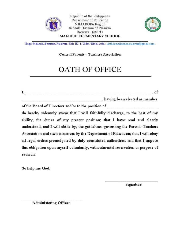 PTA Officers Oath of Office Template | PDF | Self-Improvement | Wellness
