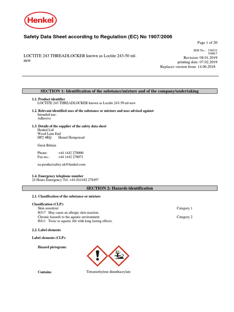 Safety Data Sheet Loctite 243 Threadlocker PDF Personal Protective