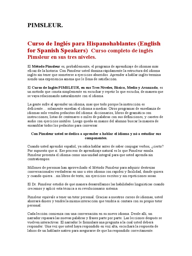 Contenido Del Curs PIMSLEUR | PDF | Idioma en Inglés | Aprendizaje