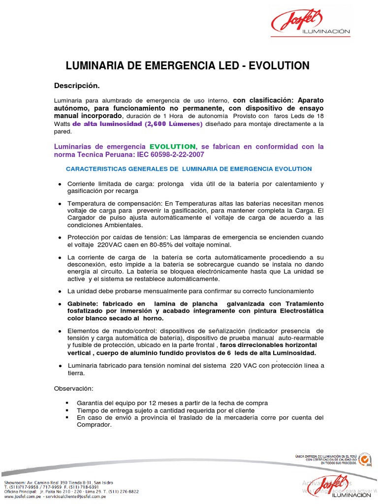 Luminaria Emergencia Josfel PDF Diodo emisor de luz Cargador de