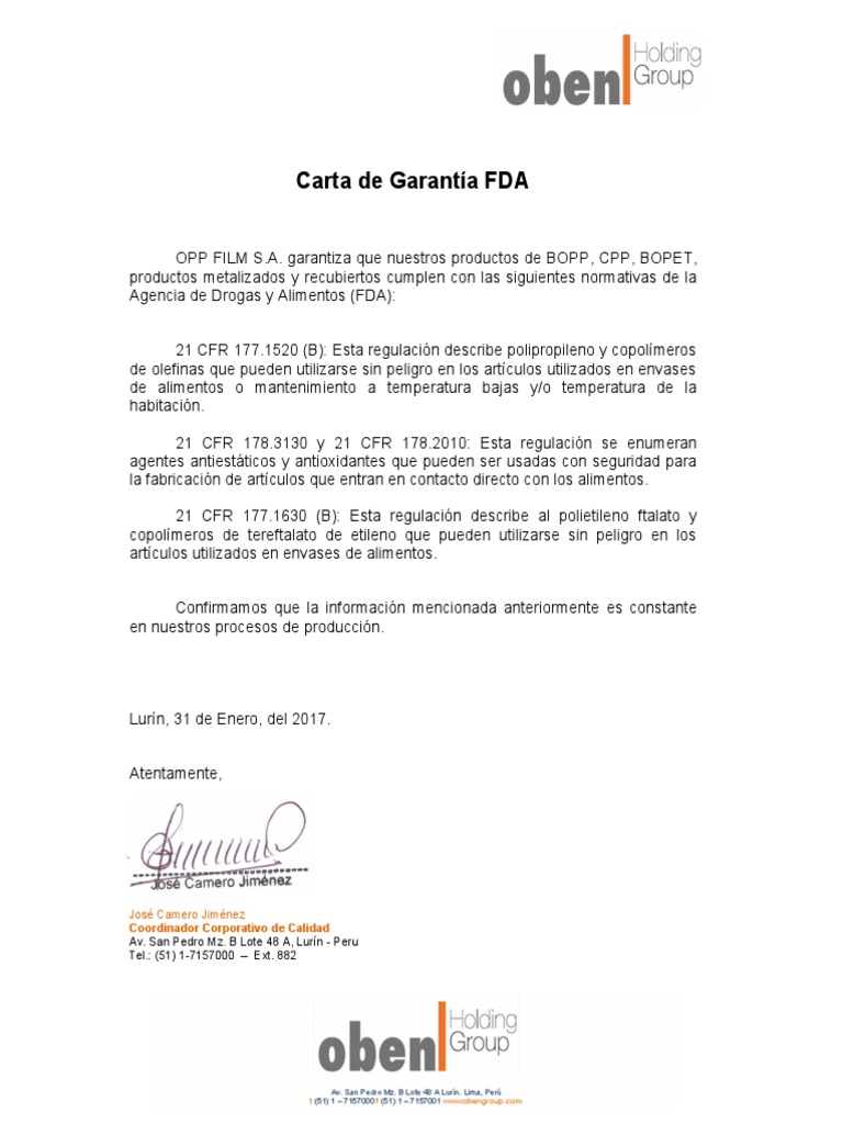 Carta de Garantía  FDA  PDF