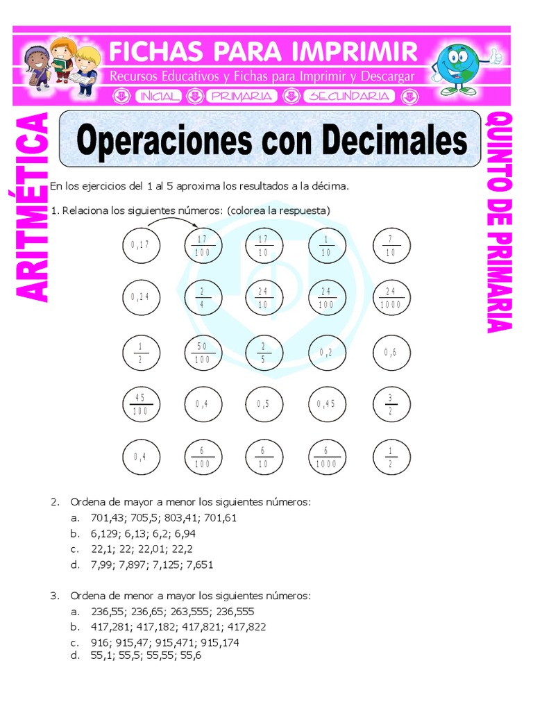Operaciones Con Decimales para Quinto de Primaria | PDF, image size:768x1024