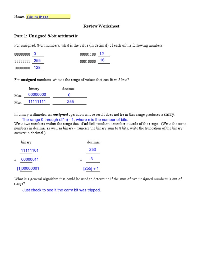 Review Worksheet Part 1: Unsigned 8-Bit Arithmetic: Girum Ibssa | PDF ...