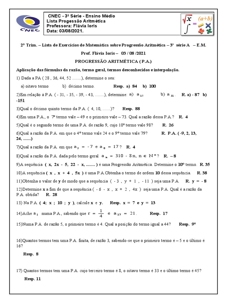 Progressão Aritmética - Lista de exercícios de matemática | PDF | Sequência