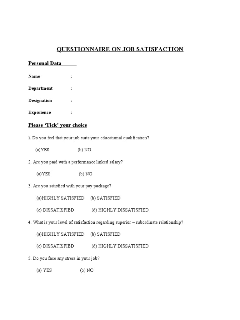 Final Job Satisfaction Questionnaire | PDF | Career & Growth | Self ...