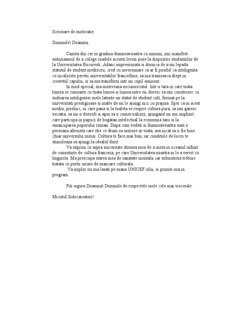 scrisoare de intentie