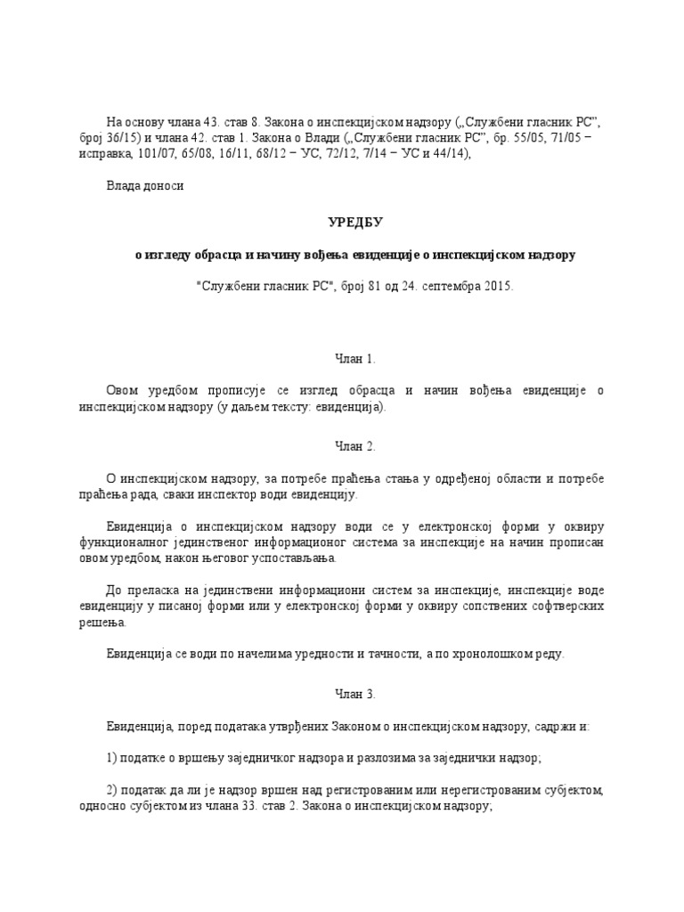 Uredba o Izgledu Obrasca I Nacinu Vodjenja Evidencije o Inspekcijskom ...
