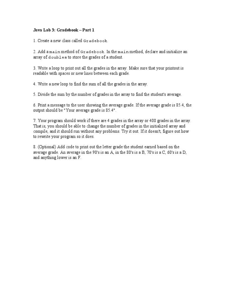 Java Lab 3: Gradebook - Part 1 | PDF