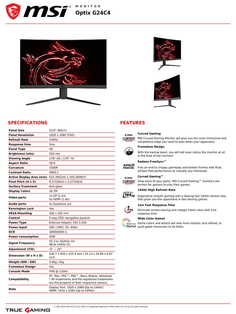 Optix G24C4 Specifications Features PDF Computer Monitor