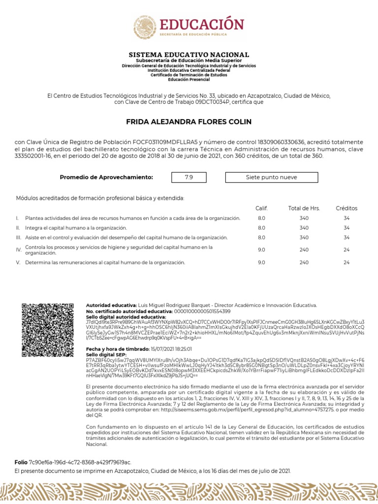 Certificado de Frida Colin en Bachillerato | PDF | Matemáticas ...