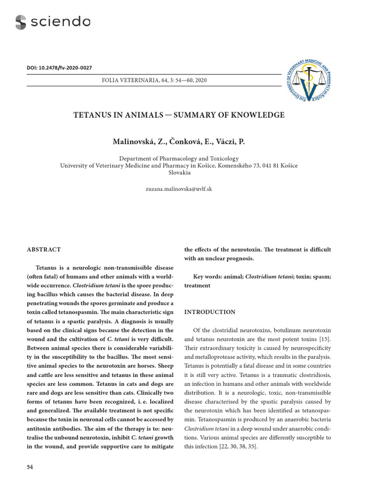 Tetanus in Animals - Summary of Knowledge Malinovská, Z., Čonková, E ...