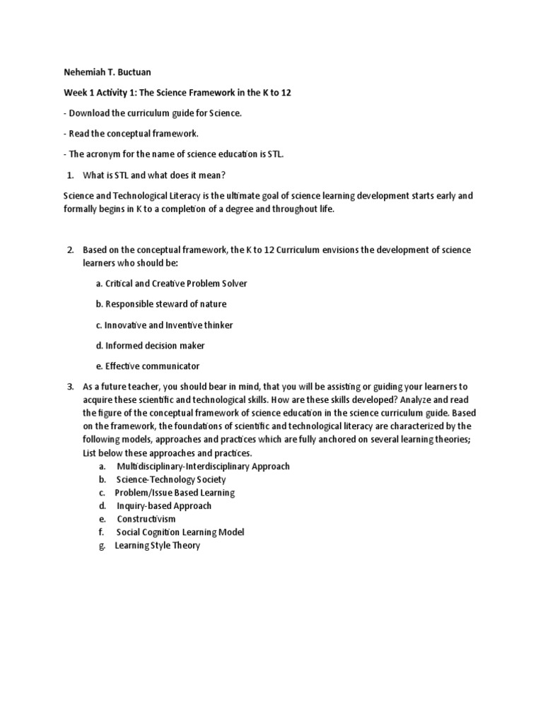 Week 1 Activity 1 On The Science Framework in The K To 12 | PDF ...