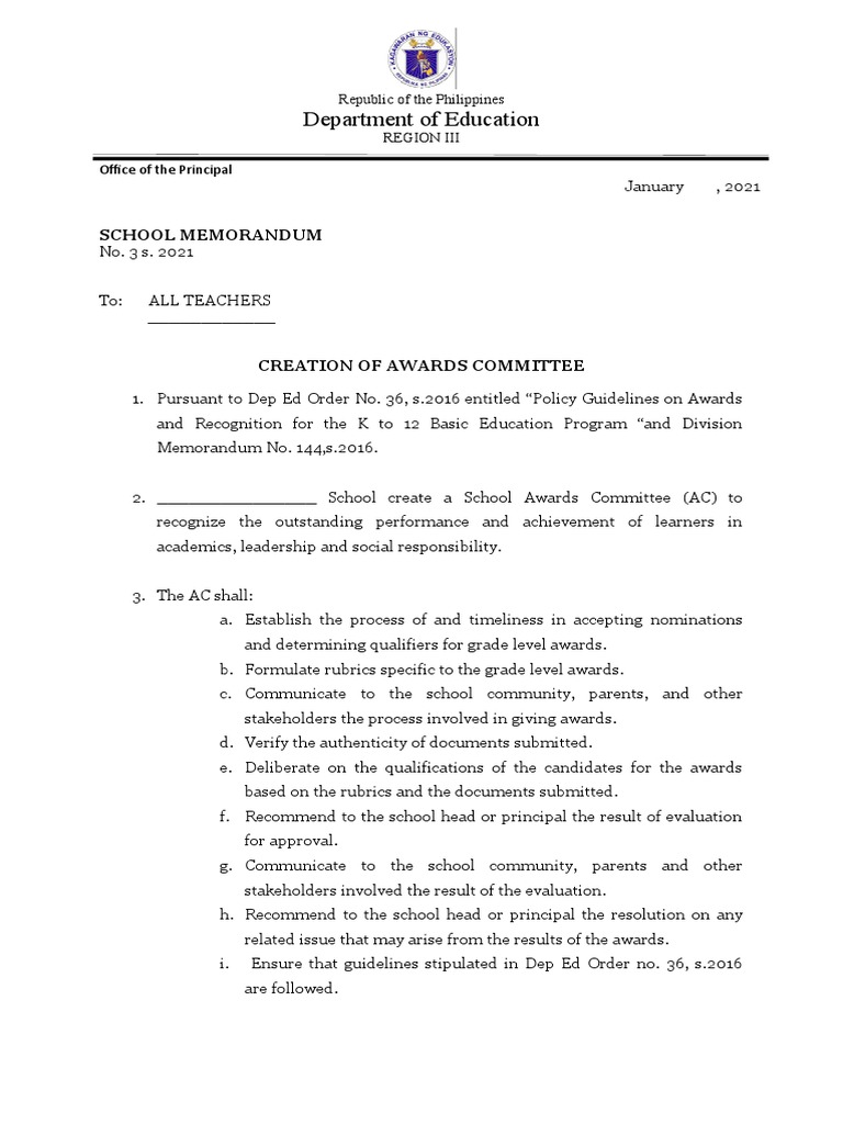 Creation of School Awards Committee | PDF | Government