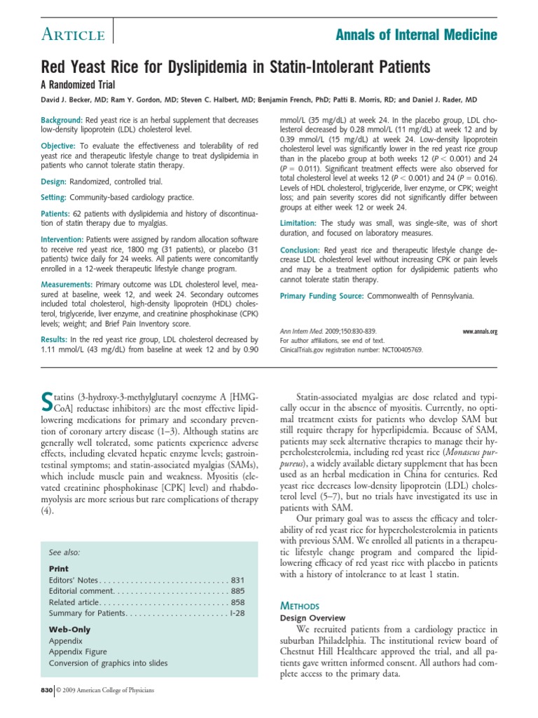 Becker Red Yeast Rice 2009 PDF Cholesterol Statin