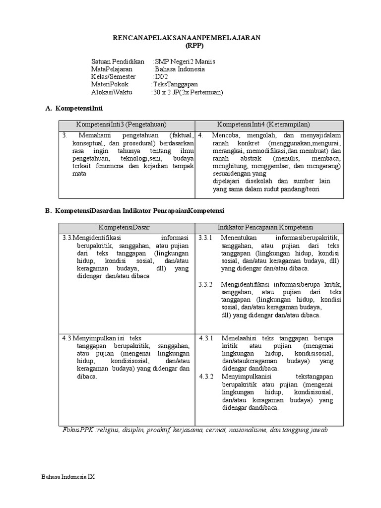 RPP Teks Tanggapan SMP Negeri 2 | PDF