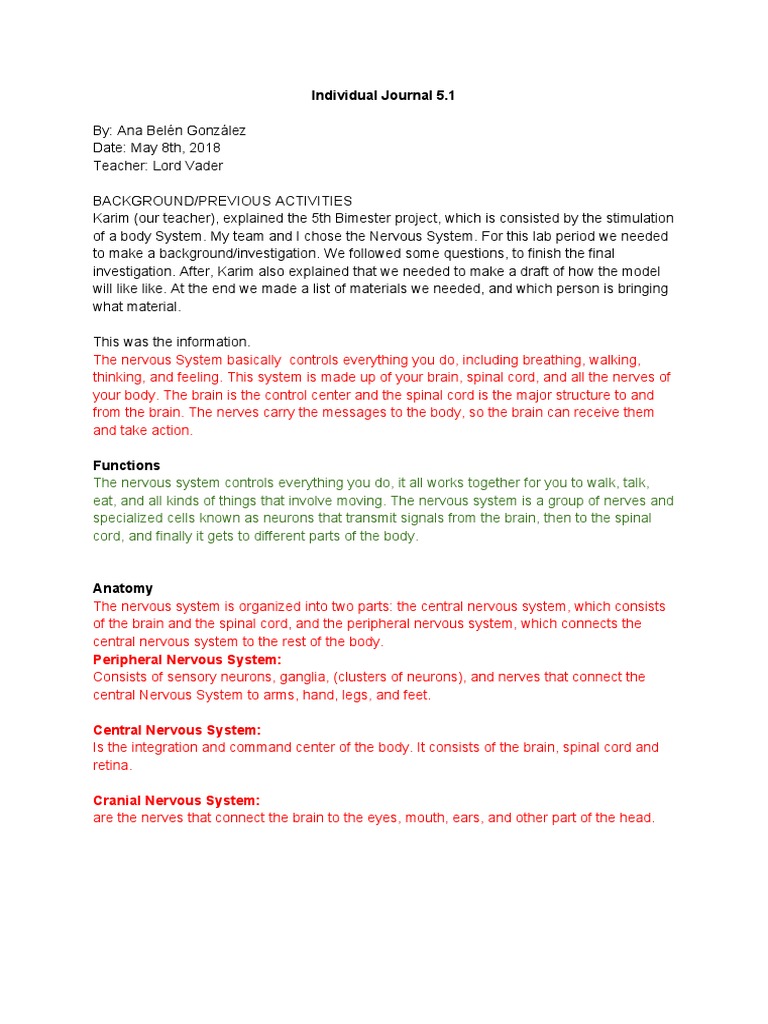 Nervous System Journal #1 PDF Nervous System Central Nervous System