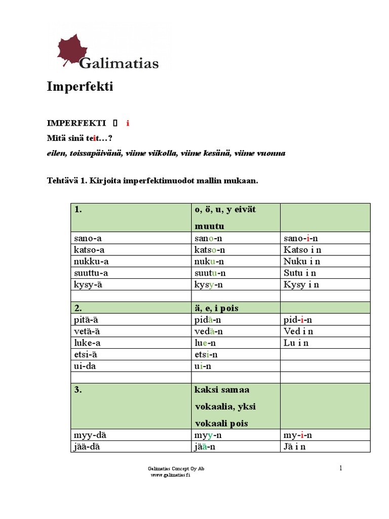 Imperfektin Harjoituksia Pdf