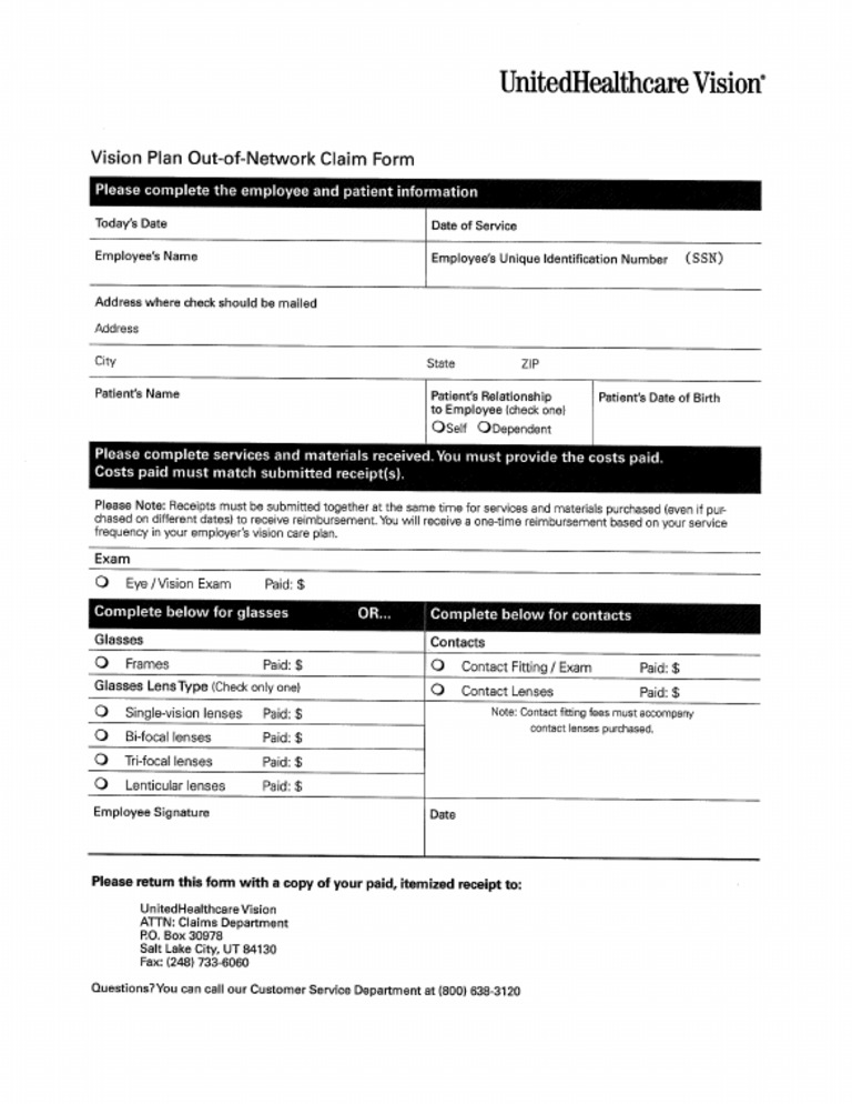 UHC Vision OON Claim FormCCPS PDF
