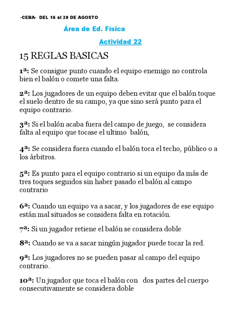 Actv 22 Reglas Basicas Voley 30 Añ 3 | PDF | Vóleibol | Deportes