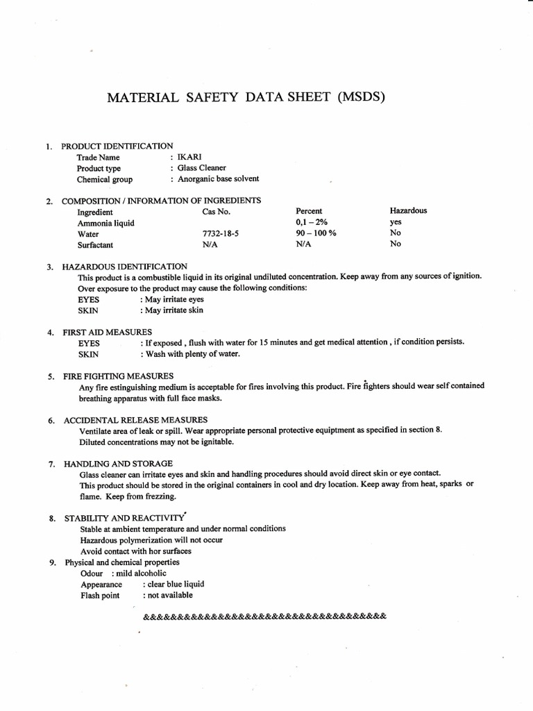 IKARI Glass Cleaner MSDS Overview | PDF