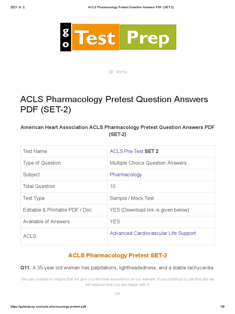 ACLS Pharmacology Pretest Question Answers PDF (SET2) PDF Cardiac