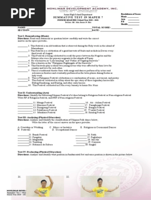 MAPEH 7 Summative test 4th Quarter
