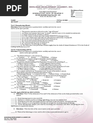 MAPEH 9 Summative Test- 2nd Quarter