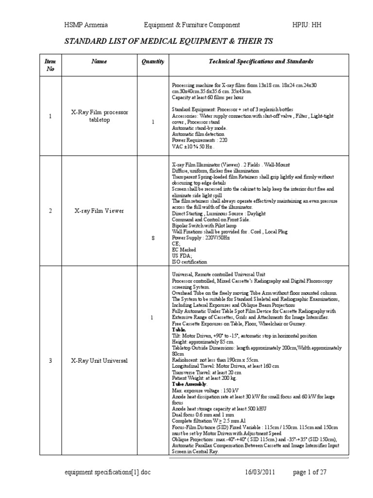 Medical Device Technical Specifications Armenia PDF Medical