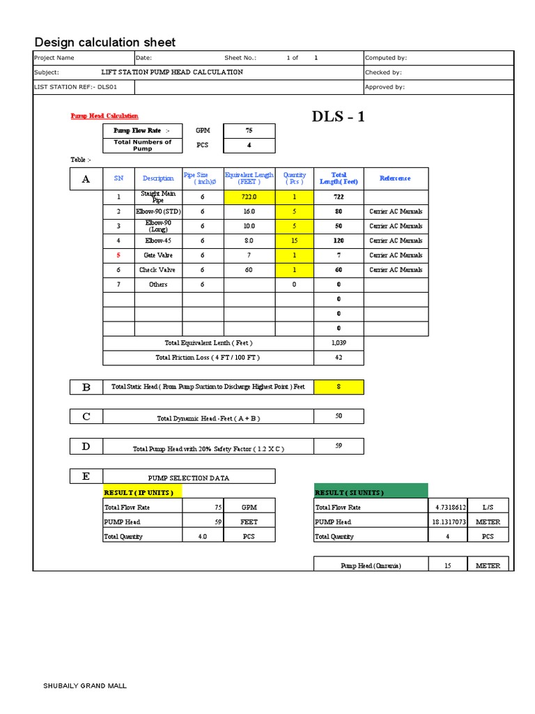 Pump Head Calculation Sheet for Lift Station DLS01 PDF Pump Flow