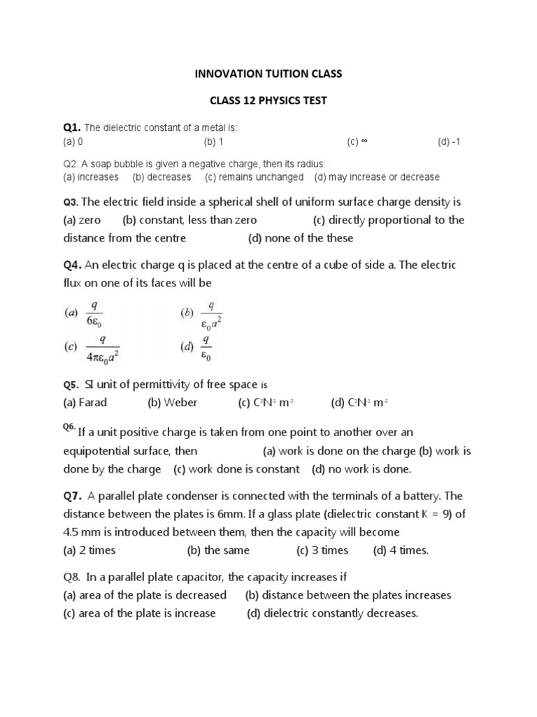 Class 12 Physics Test Paper | PDF | Electric Field | Permittivity