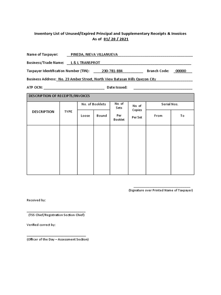 Inventory List of Unused PDF