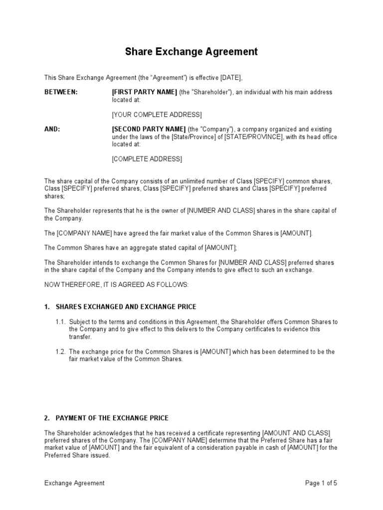 Share Exchange Agreement Template | PDF | Stocks | Bankruptcy