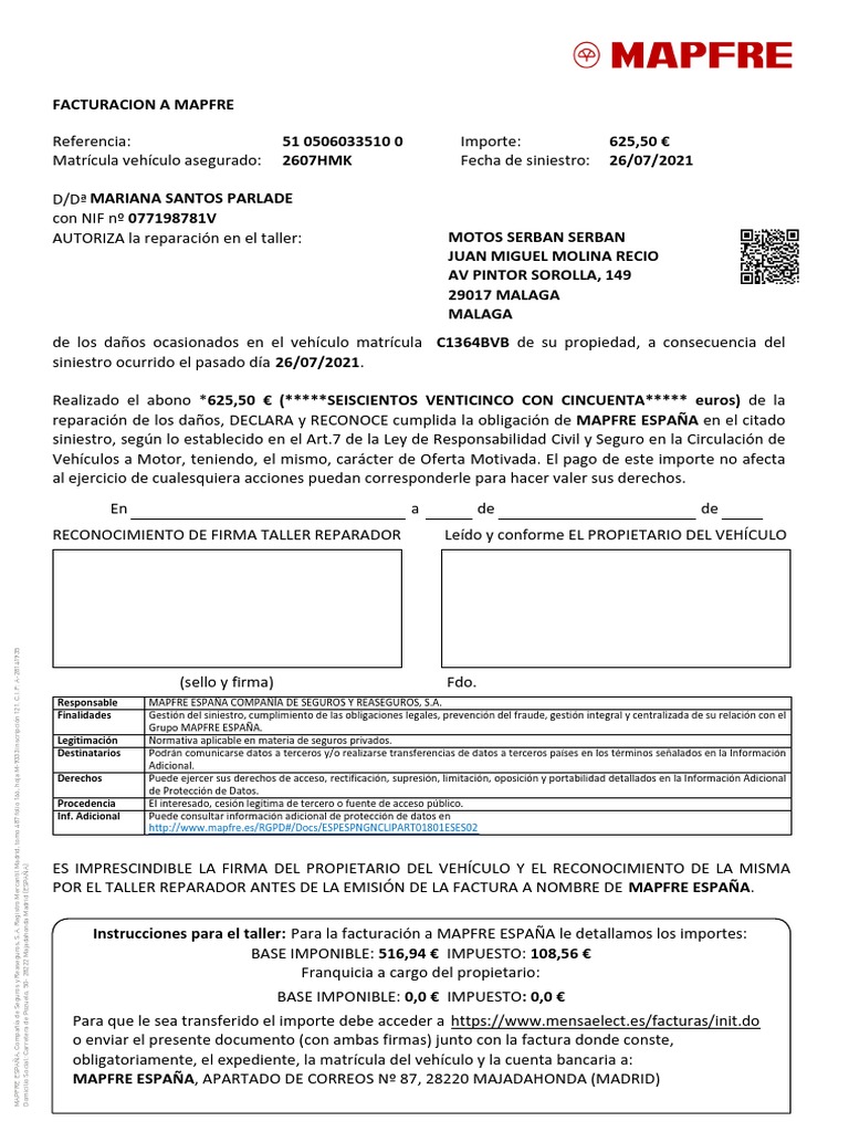 Factura de Siniestro Mapfre 2021 | PDF | Seguro | Reaseguro