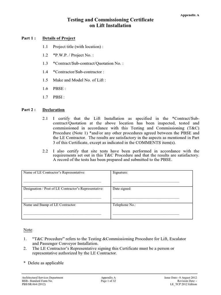 Testing and Commissioning Certificate On Lift Installation Details of